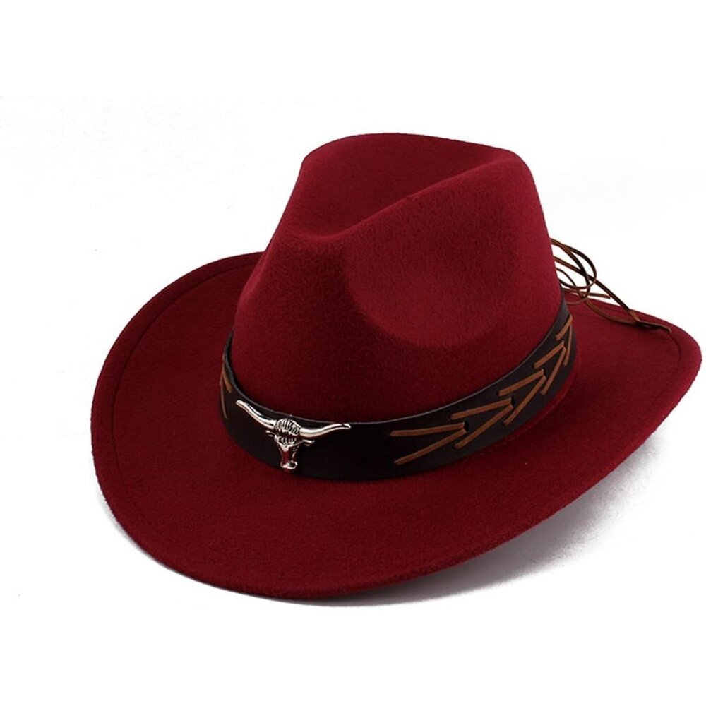 Unisex Burgundy 100% Polyester Bull Skull Buckle Band Fedora Cowboy Felt Hat - Picture 4 of 4